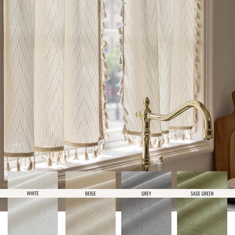 VOILYBIRD Kitchen Window Curtains Over Sink 24 Inch Length Boho Tassel Tiers Cafe Curtains Zigzag Design, 2 Panels, Beige - Image 2